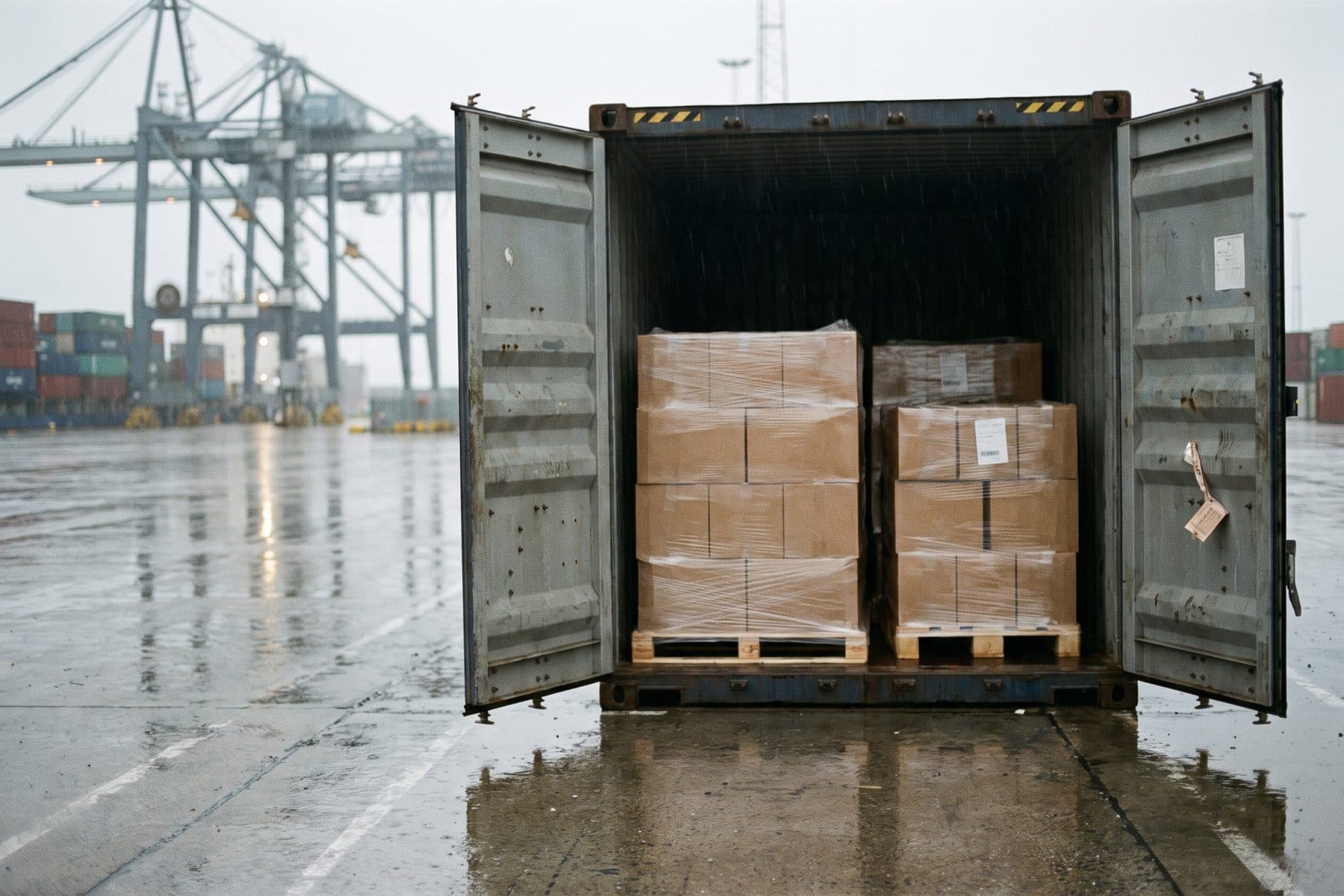Geöffneter Container mit Paletten am Terminal