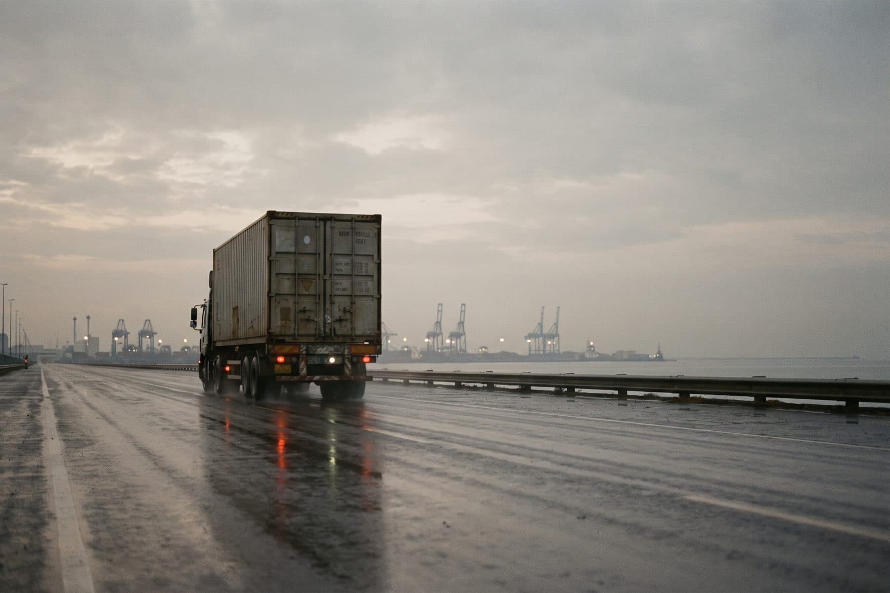 Container-LKW auf dem Weg zum Hafen